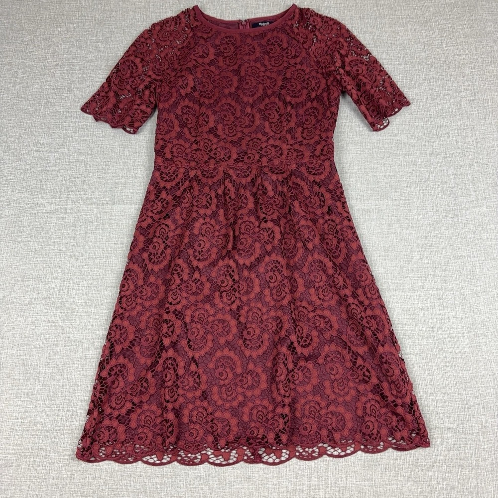 Madewell Dress Womens 2 Red Lace Fit & Flare Half Sleeve Lined Knee Length Party
